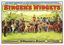 Affiche peinte représentant une troupe de cirque, avec des éléphants, petits chevaux, et une vingtaine de personnes de petite taille.