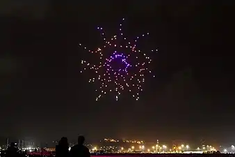 Photographie de points lumineux colorés formant une rosace dans un ciel nocturne.