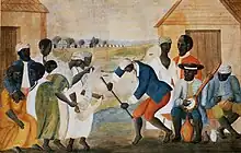 Danse d'esclaves dans une plantation de Virginie au début du XIXe siècle.