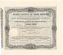 Certificat provisoire nominatif de 5 actions de 500 francs de la Société générale de crédit mobilier, émis le 20 mars 1866, signé par Émile Pereire. Le doublement du capital social du Crédit mobilier en 1866 par l'émission de 120.000 actions fut une dernière tentative désespérée pour se sauver de la situation critique, mais l'afflux des 60 millions de francs de nouveaux fonds n'arrêta la catastrophe que pour un court moment ; celui-ci eut lieu à l'automne 1867.
