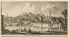 dessin en noir et blanc d'un ensemble de bâtiments antiques et plus récents.