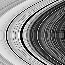 Spokes sombres sur l'anneau B photo prise par la sonde Cassini du côté non éclairé des anneaux. À gauche de la partie centrale de la photo, deux lacunes sont visibles (la plus importante est la lacune de Huighens)