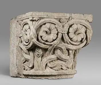 Chapiteau de l'abbaye Saint-Laurent-lès-Cosne (XIe siècle, Musée des beaux-arts de Philadelphie.