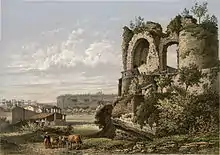 Lithographie montrant les ruines d'un château à l'entrée d'un village