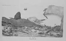 La SMS Gazelle devant la baie du Cratère à l'île Saint-Paul (dessin de Weinek)