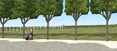 Vue depuis l'allée ombragée sud du bout du jardin à Saint-Mandé, vers 1661.