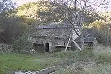 Ancienne église aperçue derrière un arbre qui a perdu ses feuilles pour l'hiver. Sur la façade, un échafaudage artisanal.