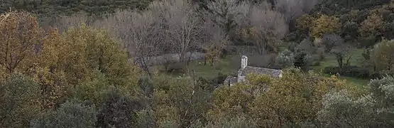 Vue aérienne d'une petite église entourée d'arbres.