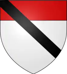 Armoiries de la famille Challant. Blason blanc au bord supérieur rouge, traversé par une diagonale noire