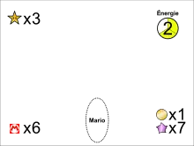 Interface du jeu avec différents symboles indiquant le nombre d'étoiles et de pièces obtenues, de vies restantes, etc.