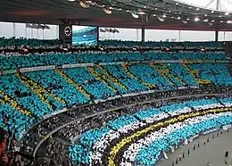 Tifo des supporters du RCS pour la finale de la coupe de la Ligue, le 30 avril 2005 avec écrit "Vaincre"