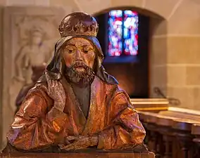 Le roi David, statuette en bois dans la Stiftskirche (Tübingen)&nbsp;(de). Janvier 2020.