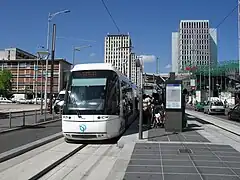 La station Les Flanades dessert le centre commercial éponyme, que l'on voit à droite (toit vert). Ici, la rame no&nbsp;506, en station, en août 2013.