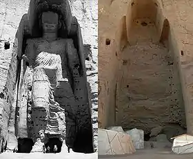 Statue de Bouddha avant et après sa profanation et sa destruction, à Bamyan (Afghanistan), en 2001