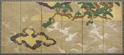 Tawaraya Sotatsu. Les vagues à Matsushima. Deux paravents à 6 feuilles. Encre, couleurs, argent et or / papier, 2 x (1,66&nbsp;×&nbsp;3,70&nbsp;m)