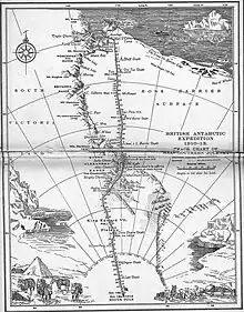 Carte de la région traversée par l'expédition. Deux traces sont dessinées et traversent la carte verticalement.
