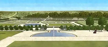 Restitution de la vue sur le vallon de Sèvres depuis les terrasses hautes des jardins du château de Saint-Cloud, vers 1700.