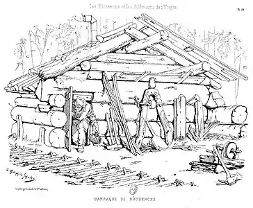 Baraque de bûcherons. Dans Théophile Schuler, Les bûcherons et les schlitteurs des Vosges, 1878.