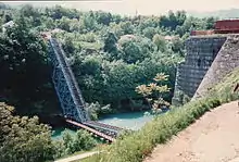 Un pont à demi abattu, dans un paysage boisé.
