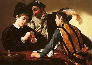 Le Caravage, Les Tricheurs, vers 1594, 94,3&nbsp;×&nbsp;131,1&nbsp;cm, Fort Worth, Kimbell Art Museum