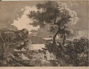 Niobé est au centre, serrant un petit enfant vers elle et lève les yeux vers le ciel. À droite, Apollon et Artémis tirent des flèches sur ses enfants. Plusieurs sont déjà morts ou blessés ; les autres, à gauche, tentent de s'échapper. Il y a une masse d'arbres cassés à l'extrême droite, une forteresse et une mer orageuse avec un éclair à gauche. L'image est dans le sens inverse de celui du tableau, à savoir que l'arbre du premier plan est à droite et la forteresse à gauche.