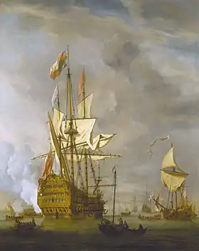 Le HMS Royal Sovereign, 1702. L'étendard royal indique la présence de Georges de Danemark, époux de la reine Anne et lord-grand-amiral. (1703)