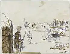 Muirhead Bone : Les ruines de Contalmaison - Le quartier général du brigadier général au premier plan.