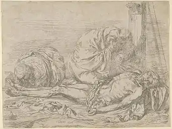 La Vierge, Saint Jean-Baptiste et Marie-Madeleine pleurant le corps du Christ, 1624, gravure et pointe sèche (contre-épreuve), Metropolitan Museum of Art, New York .