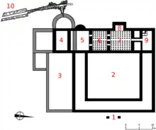 Dessin en noir et blanc représentant le plan de thermes antiques.