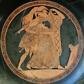 Enlèvement de Thétis par Pélée, intérieur d'un kylix à figures rouges, v. 490 av. J.-C., Cabinet des médailles de la Bibliothèque nationale de France.