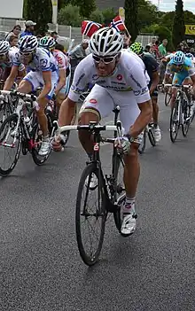 Thor Hushovd portant le maillot de champion du monde 2010, le dimanche 17 juillet 2011 lors de l'arrivée à Montpellier de la 15e étape du Tour de France 2011