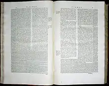 Photographie en noir et blanc de deux pages d'un texte imprimé, extraites d'un incunable du XVIe siècle