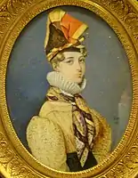 Miniature de 1829 représentant une grisette bordelaise coiffée du madras traditionnel des Antillaises.