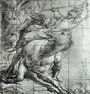 Étude de cheval et de son cavalier. Vers 1537. Craie noire sur papier bleu. 27&nbsp;×&nbsp;26&nbsp;cm. Ashmolean Museum.