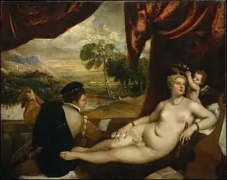 Titien,Vénus et le joueur de luth, (1560), 157&nbsp;×&nbsp;205&nbsp;cm.