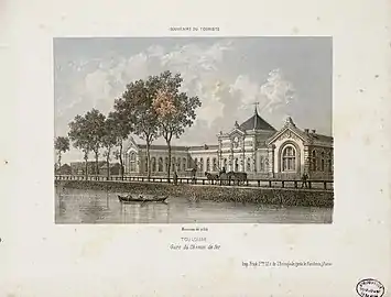 Le canal du Midi et l'ancienne gare (lithographie par Charles Mercereau, deuxième moitié du XIXe&nbsp;siècle).