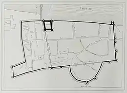 Plan en noir et blanc d'une ancienne enceinte urbaine.