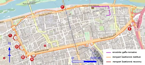 Carte en couleurs des enceintes historiques d'une ville reportées sur un plan moderne.