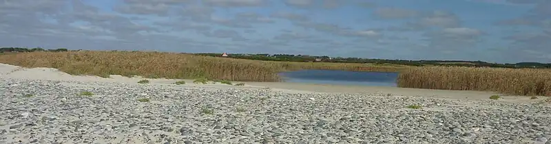 Baie d'Audierne (Tréogat) : l'étang de Trunvel vu du cordon de galets du littoral de la Baie d'Audierne