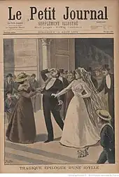 Photographie de la une d'un journal, avec une illustration représentant un groupe de personnes à la sortie d'un mariage.