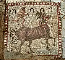 Détail de la Mosaïque des chevaux de Carthage, IVe&nbsp;siècle ou Ve&nbsp;siècle, parc archéologique des villas romaines de Carthage, Tunisie.