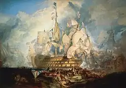 « The Battle of Trafalgar, 21 October 1805 » par Joseph Mallord William Turner : le HMS Victory, navire amiral de Horatio Nelson. Le Union Flag tombé au premier plan fait allusion à la mort de Nelson.