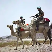 Deux soldats de l'Organisation des Nations Unies sur des chameaux dans un désert.