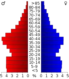 Schéma représentant la population du comté, par tranche d'âge. En rouge, à gauche, les femmes, en bleu à droite, les hommes.