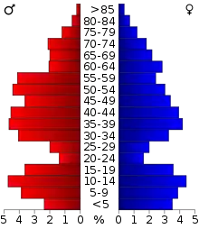 Schéma représentant la population du comté, par tranche d'âge. En rouge, à gauche, les femmes, en bleu à droite, les hommes.