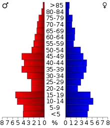Schéma représentant la population du comté, par tranche d'âge. En rouge, à gauche, les femmes, en bleu à droite, les hommes.