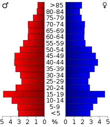 Schéma représentant la population du comté, par tranche d'âge. En rouge, à gauche, les femmes, en bleu à droite, les hommes.