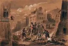 Dessin à l'encre brune d'Alexandre Dupendant représentant au premier plan un groupe d'une dizaine de femmes, dont l'une est assise, tenant une barricade au Quartier de Rochefouart. Elles sont armées et situées derrière une barricade  en hauteur. Six se tiennent derrière la barricade et regardent vers le bas, l'une tient un gros sac ou cailloux et s'apprête à le lancer ou le mettre en place. À l'arrière-plan, on distingue des bâtisses. Le dessin est conservé au musée d'Art et d'Histoire de Saint-Denis