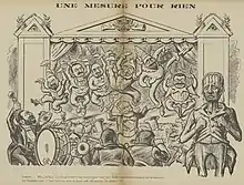 Dessin monochrome représentant un ballet joué sur scène par les membres du cabinet Rouvier habillés de tutus, tandis que le président Loubet joue le rôle du chef d'orchestre.