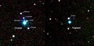 photo présentant à gauche le système uranien et à droite le système neptunien.